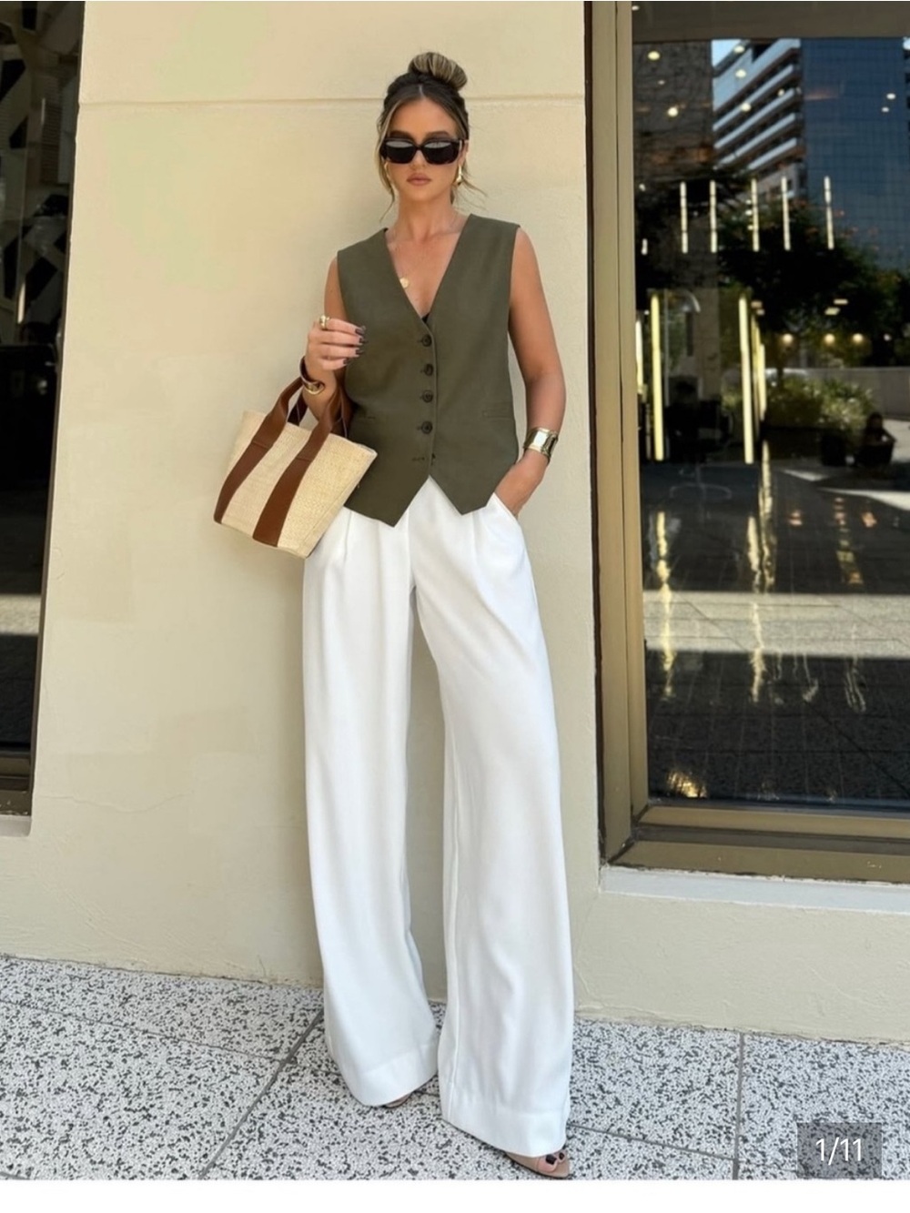H&M Olive Sleeveless Button Vest with White Wide-Leg Pants